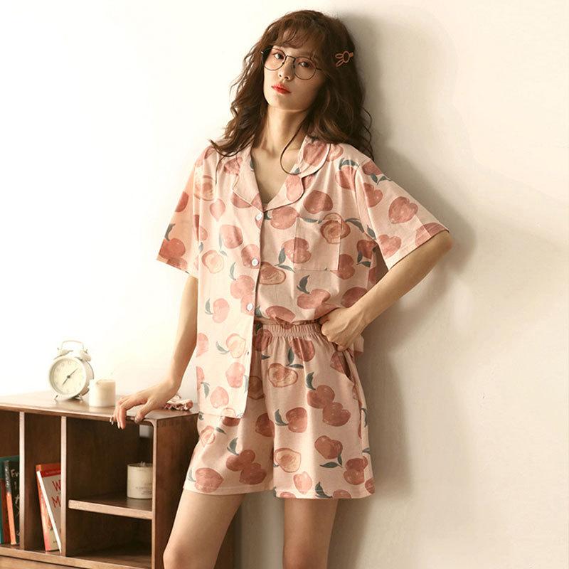 

[Peach] New pajamas for women s summer thin short-sleeved cardigan, spring and summer loungewear two-piece set M