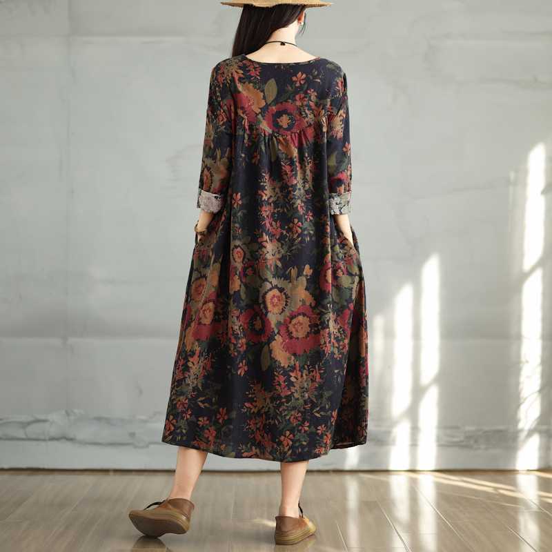 Bomull Vintage Tryck Blommor Klänningar Kvinnor Casual Lös Långärmad Klänning Femme Robe Vestidos Elegant Vår Höst Kläder