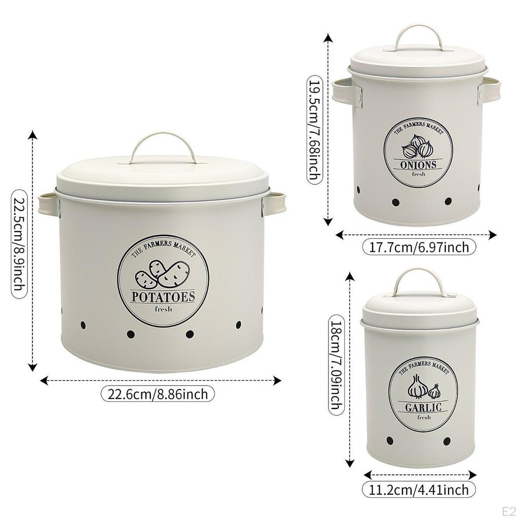 3x Vegetable Storage Tin White Container Potato and Onion Bin for Countertop