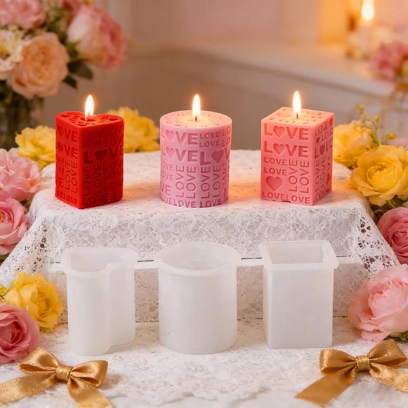 Top Quality 3D Love Pillar Candle Mold Embossed Love Letters Cylinder Cube Mold Heart Pillar Candle Mold DIY Gift Mold