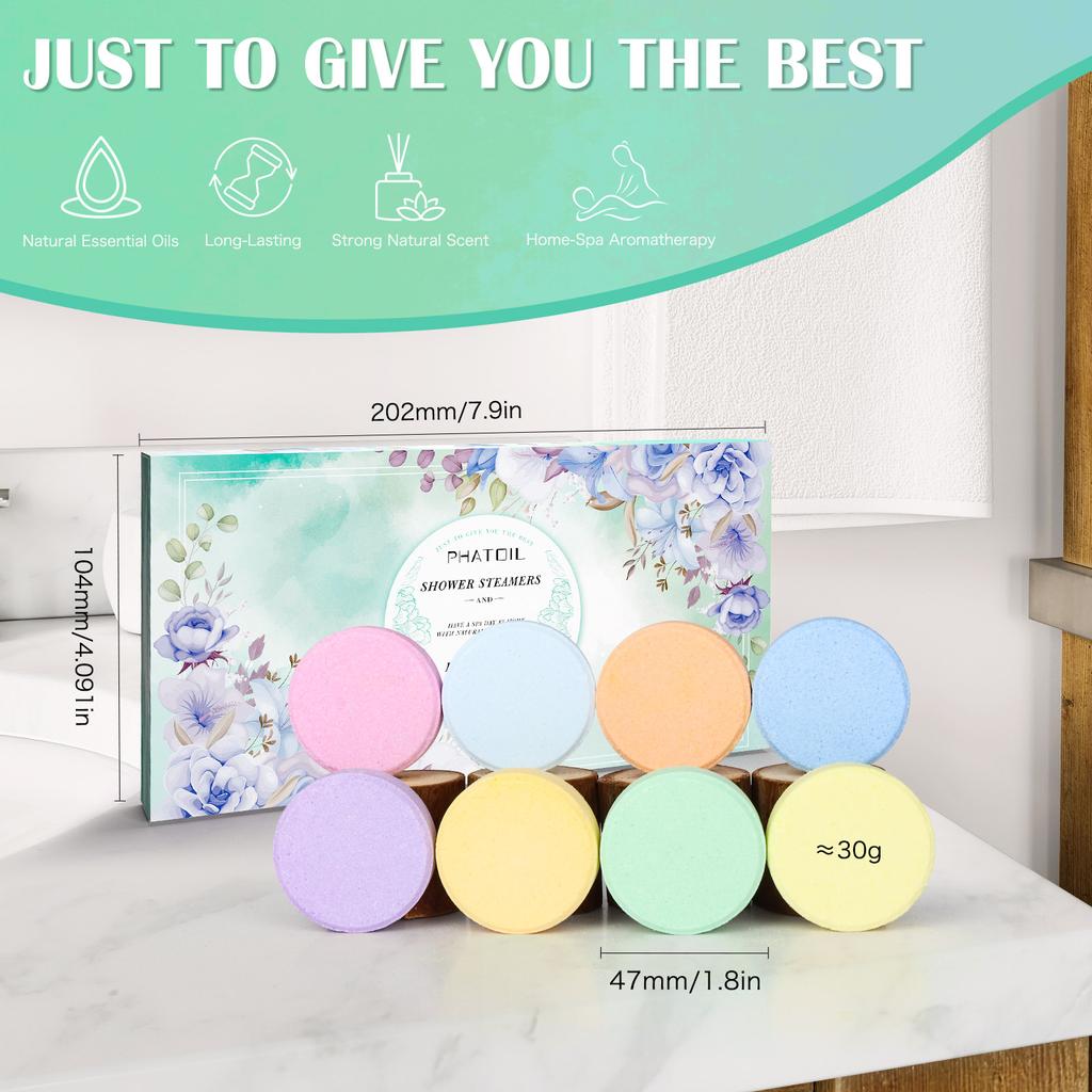 PHATOIL 8Pcs Essential Oil Shower Steamers Set for Refreshing & Relaxing, Natural Aromatherapy Shower Steamers for Self Care