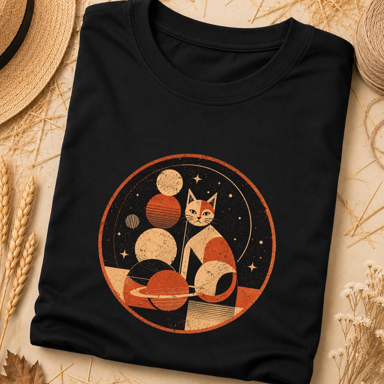 Japanese Space Cat T Shirt, Mid Century Cosmic Graphic Tee, 1950s Retro Sci-Fi T-Shirt, Sci-Fi Japanese Art Shirt, Lucky Japanese Cat Design L