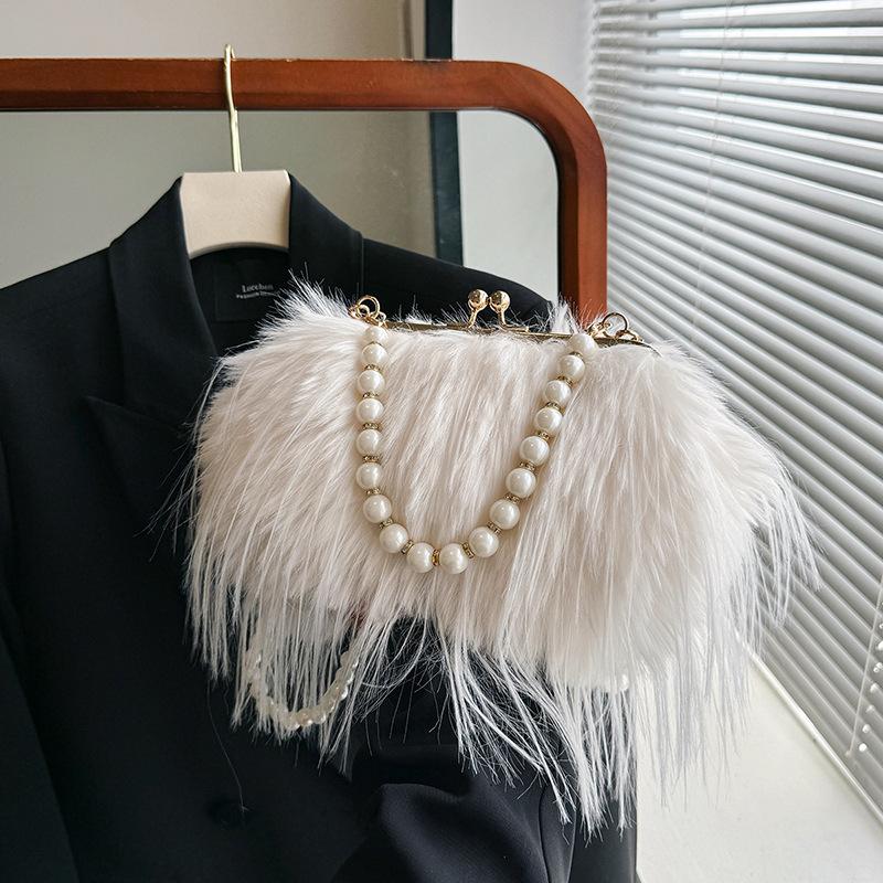 Hot Sale Retro Large Capacity Plush Women's Bag Pearl Chain Small Square Bag Shoulder Crossbody Bag