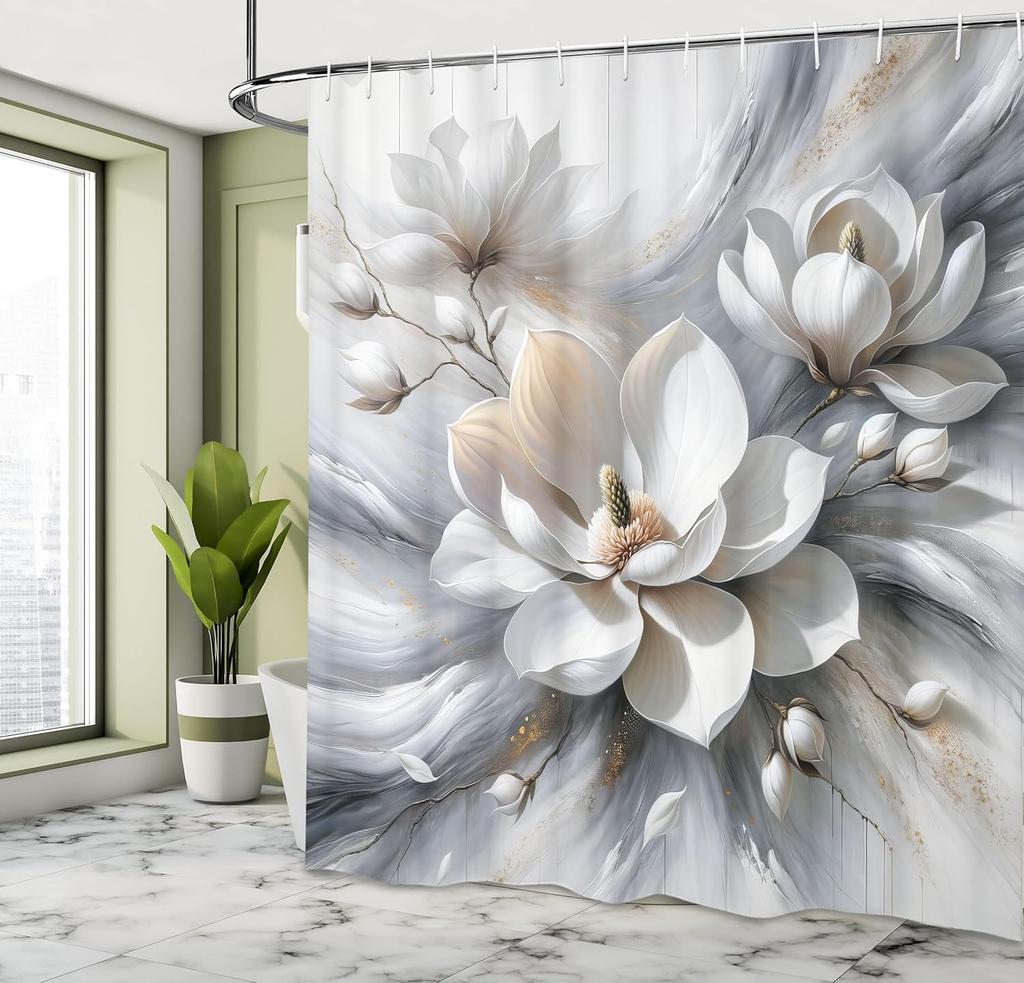 Grey Shower Curtain, Realistic Magnolia Flowers With Gentle Petals On Abstract Dreamy Clouds, Cloth Fabric Bathroom De