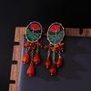 Vintage Enamel Flower Stud Earrings with Elegant Natural Stone Tassels