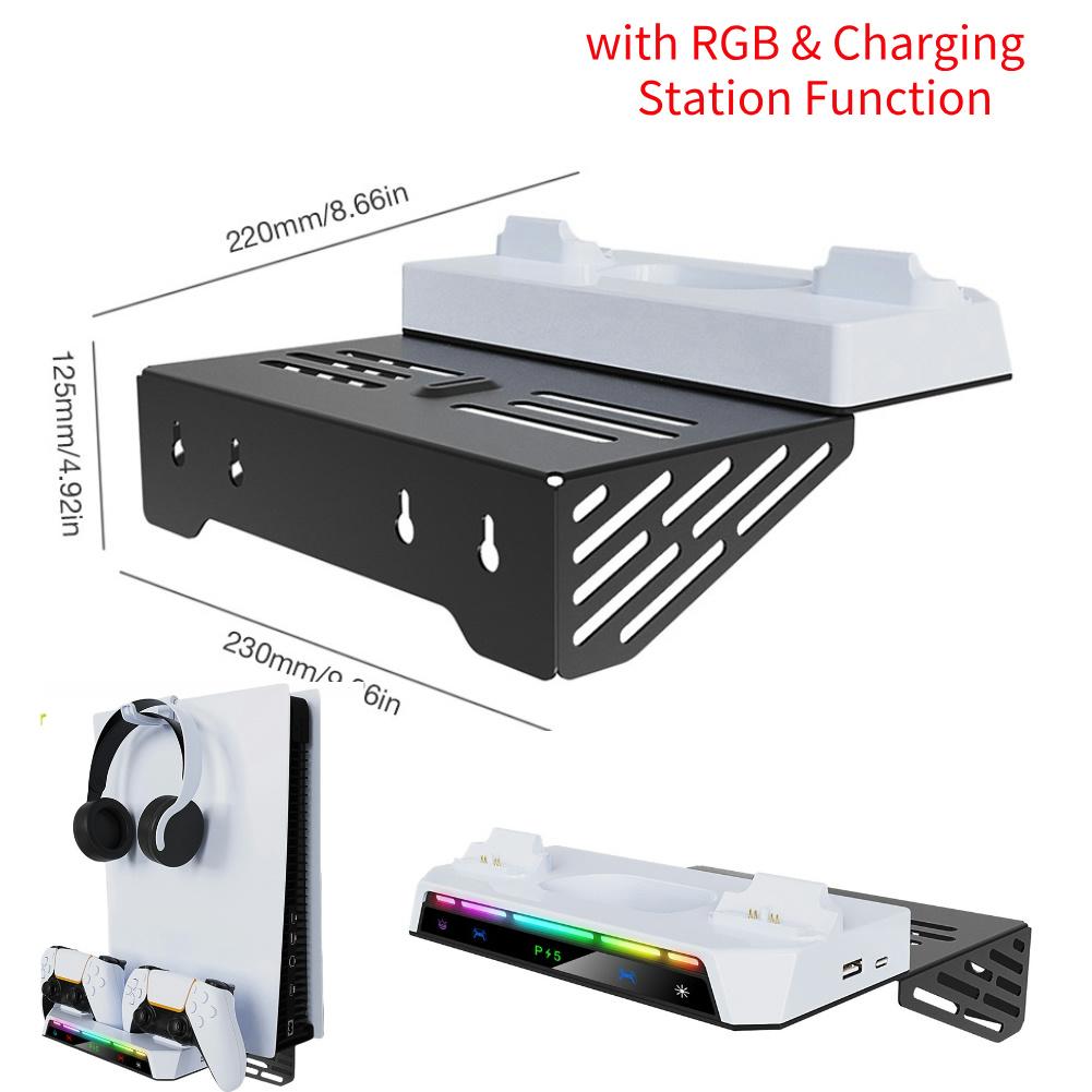 Nástěnný držák s duální nabíječkou ovladačů, RGB osvětlení, kovový nabíjecí stojánek na zeď pro PS5 a PS5 Slim, verze Disc & Digital