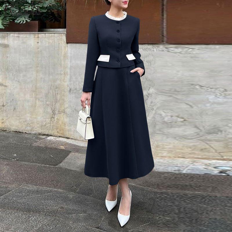 

ZANZEA Женская блузка с длинным рукавом и юбки Повседневный комплект из двух частей 5XL темно-синий