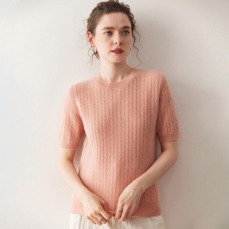 Lekasha Women's Pure Cashmere Loose Short Sleeve Cable Knit Pullover