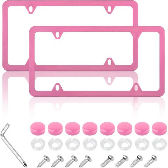 2PCS Colorful Car License Plate Frames With Gaskets Screws & Caps,Stainless Steel 4 Holes License Plate Holder Fits U.S. Standard,Universal Car