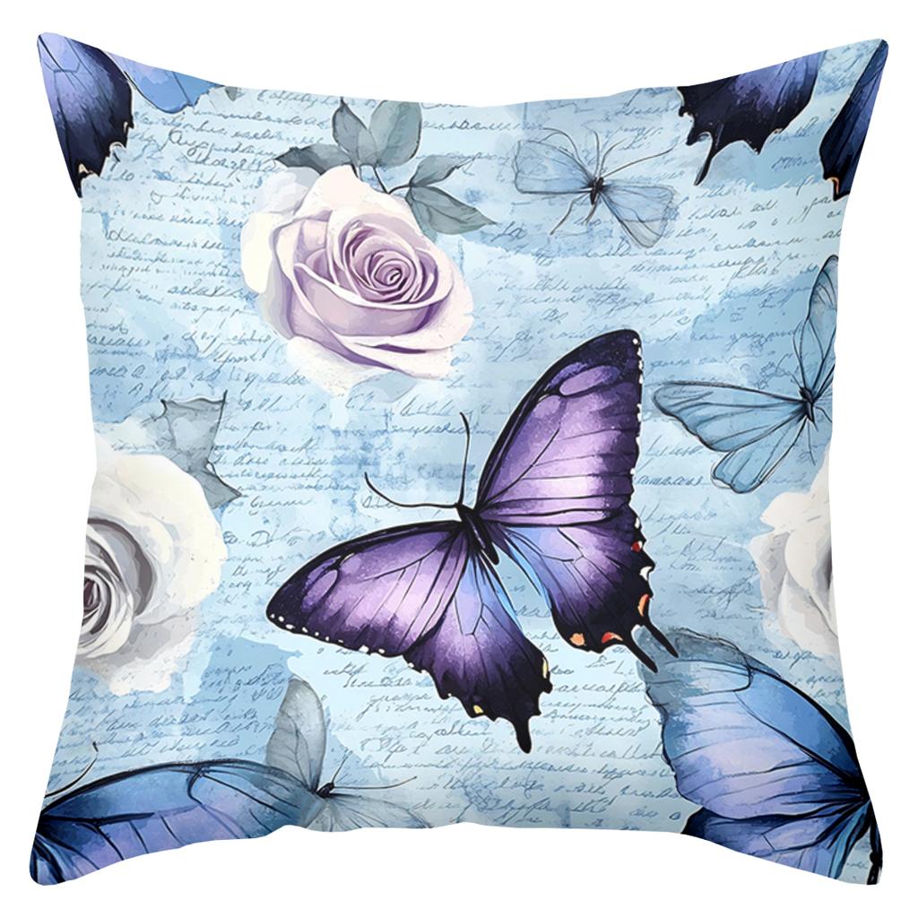 2D Flat Printing Blue Butterfly and Rose Pattern Decorative Cushions Polyester Pillowcase, Sofa Decorative Cushion Cov