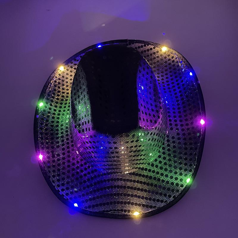 Four Color Led Light Up Western Cowboy Hat With Sequin Pattern For Party Cosplay Stage Performance