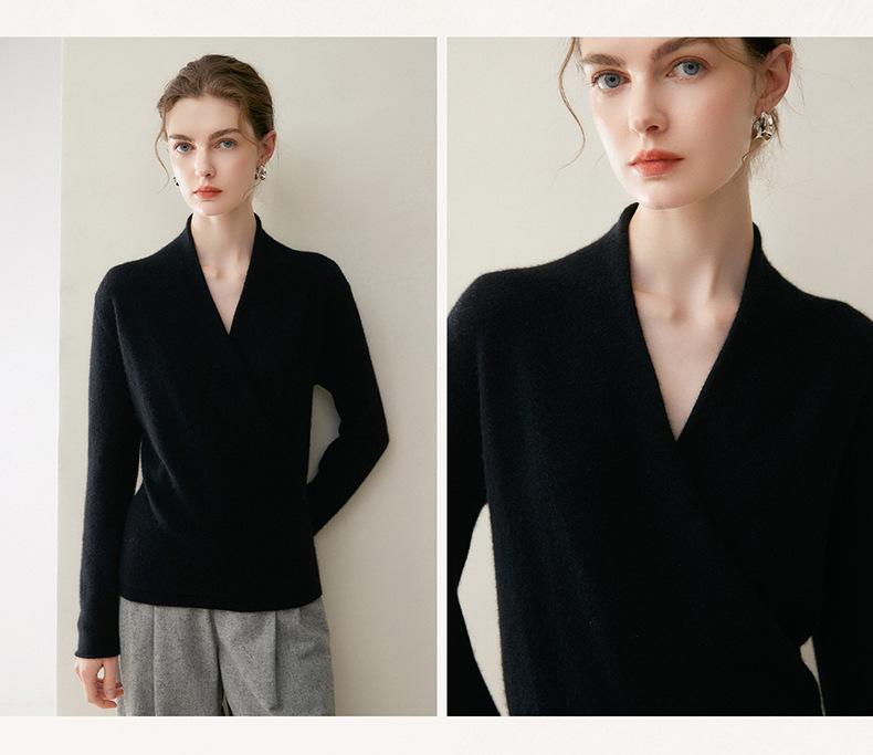 2026 A/W Women’s Slim-Fit V-Neck Cashmere Cross-Neck Kimono Pullover