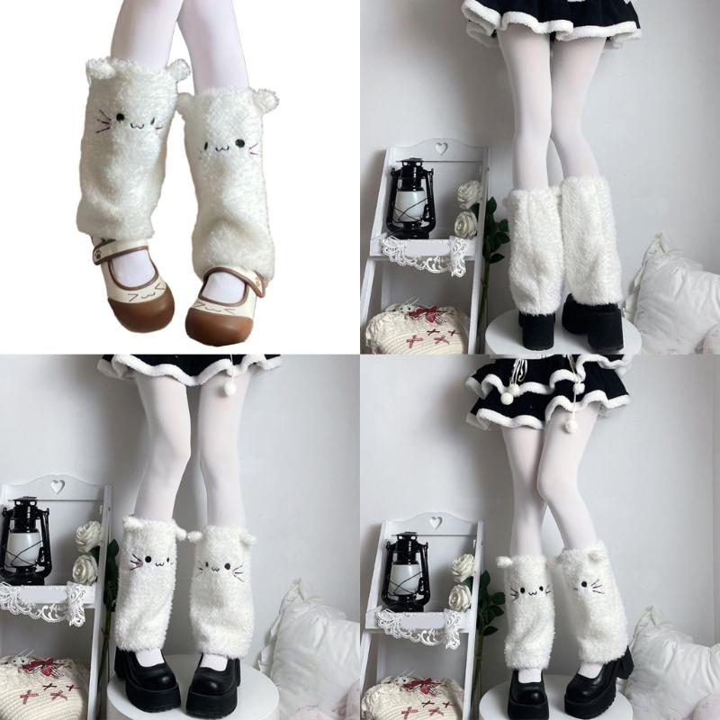 Japanese Cute Cats Ears Faux Furs Leg Warmers for Women Girls Warm Thermal Fuzzy Plush Foot Covers Long Calf Socks