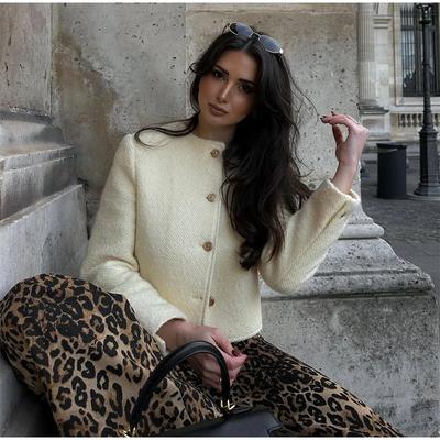 Autumn Elegant Tweed Jacket Women Vintage Woolen Single-breasted O-neck Long Sleeve Short Coats Casual Lady Outwears
