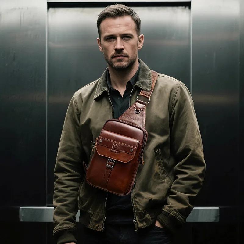Brand Men's Bag 100% Genuine Leather Shoulder Crossbody Bag Vintage Luxury Chest Bag Side Backpack Travel Essential Handbag