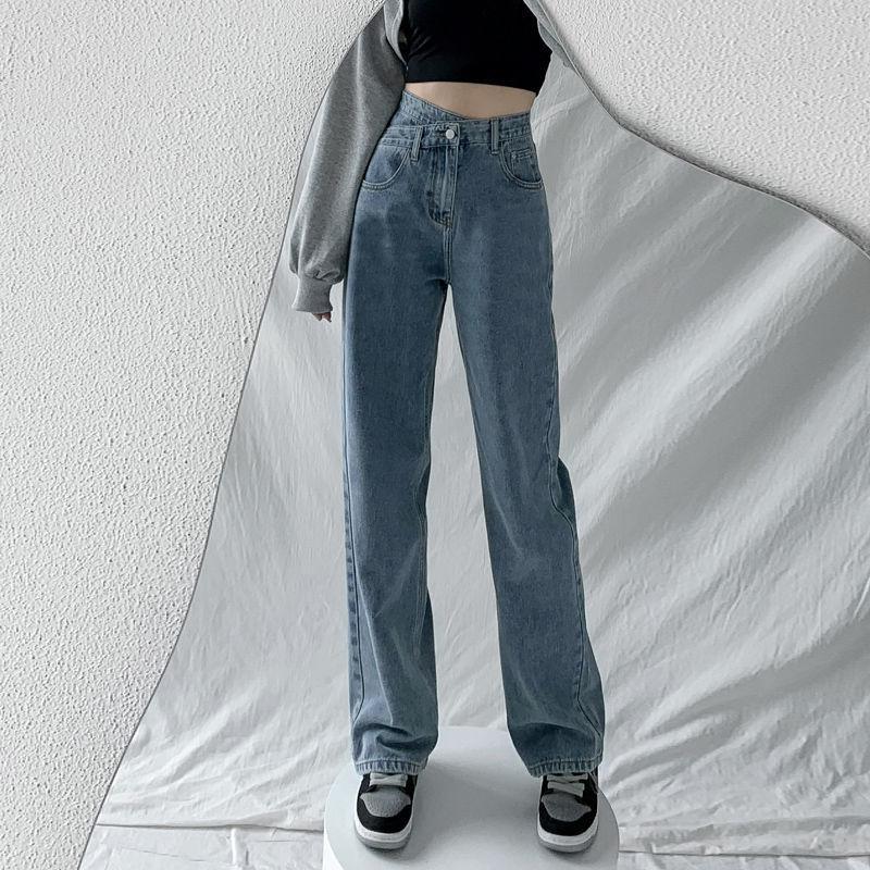 Spring and Summer Women's Straight Loose Irregular High Waist Jeans