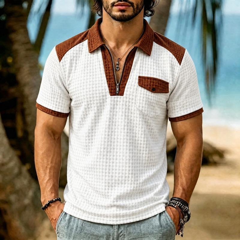 Men’s Checked Short-Sleeved Polo Shirt with Lapel: A Stylish, Colour-Blocked Casual Zip-Up Top S