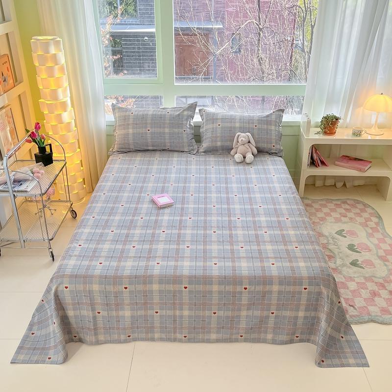 Modern Geometric Plaid Pattern Bed Sheet Set Cute Puppy Printed 100% Cotton Bed Sheets with 2 Pillowcases Home Bedding Set