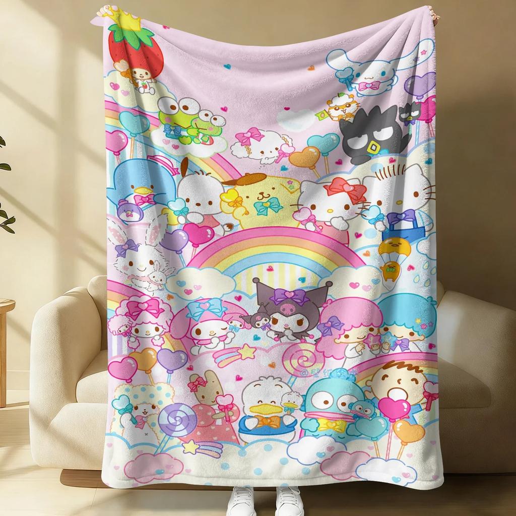 Playful Sanrio Collage Flannel Blanket Soft Warm Throw Hello Kitty Couch Bed Cover Lightweight Summer Nap Blanket Sweet Gift