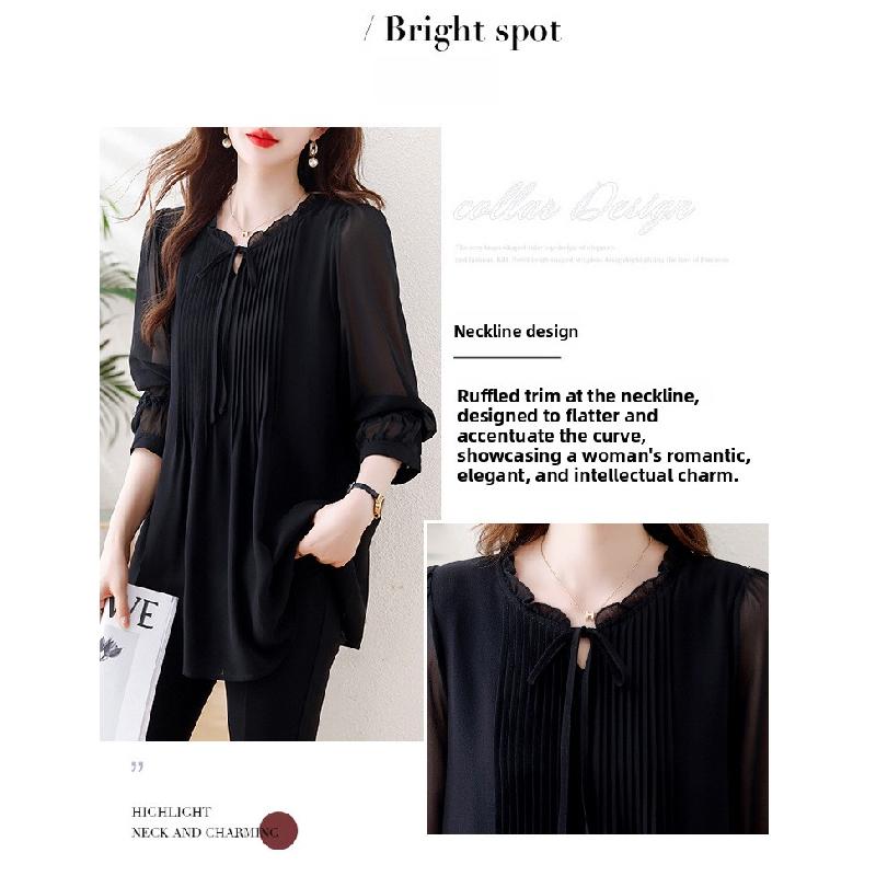 2026 Spring and Autumn New Large Size Tummy-Covering Slimming Top with Stylish Design, Chiffon Long-Sleeve Women's Top