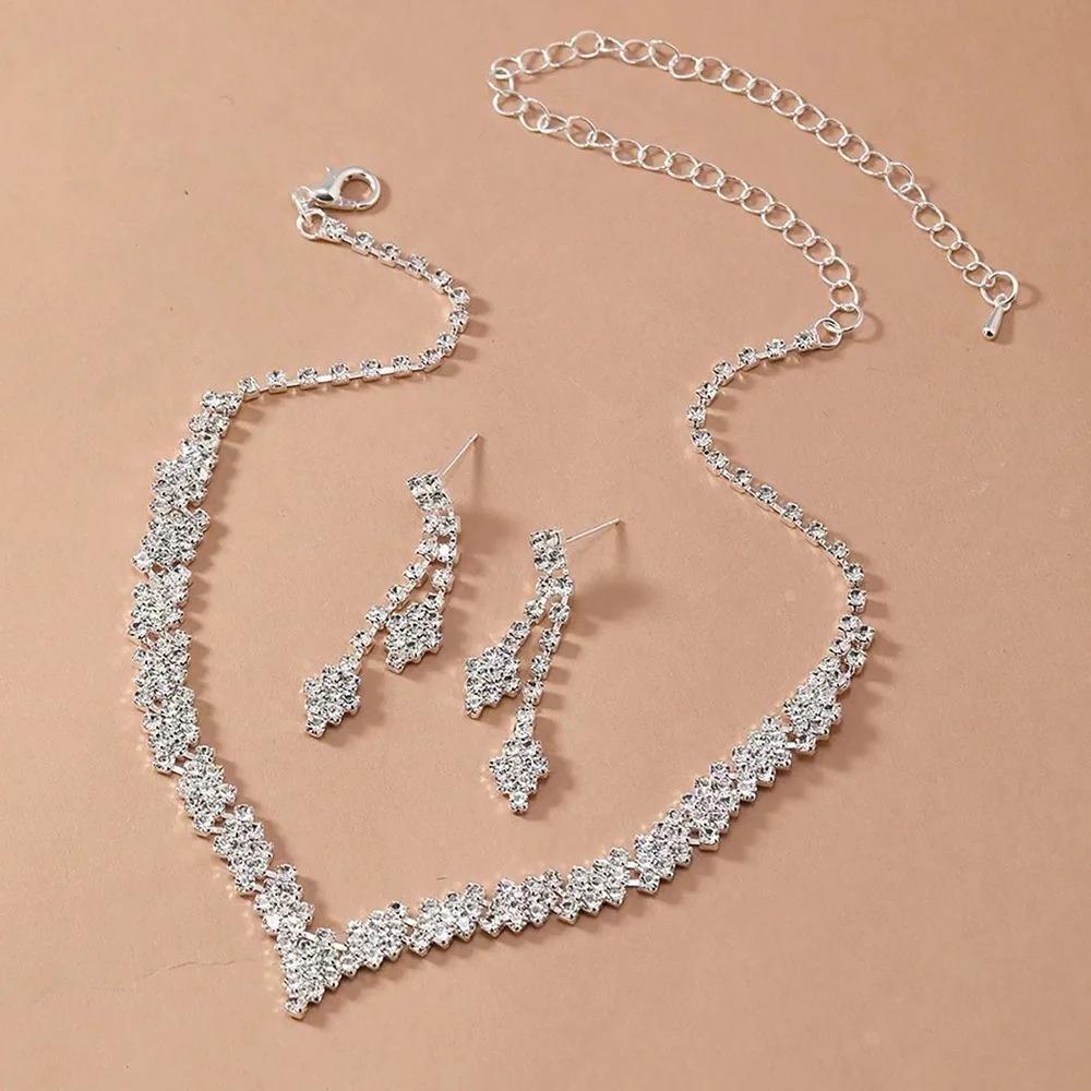 2-delige Set Luxe Vol Zirkonia Glanzende Ruit Kristal Ketting Oorbellen Sieraden Sets voor Vrouwen Bruiloft Bruid Banket Klassiek Cadeau