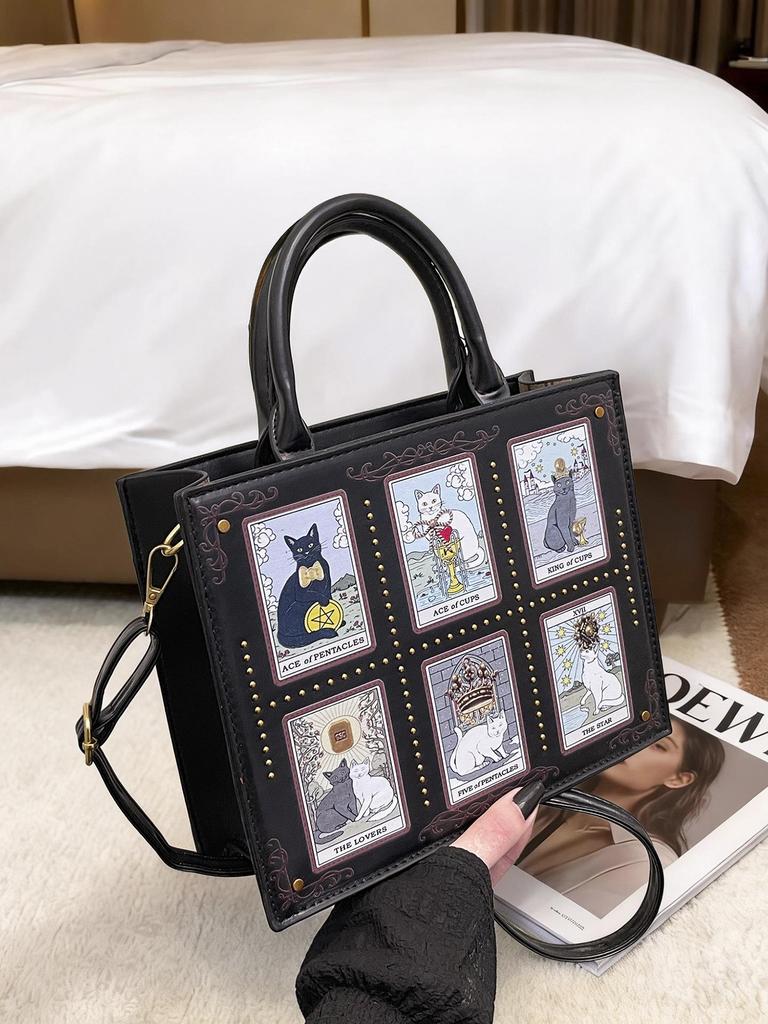 Fashionable Women's Tote Bag with Unique Cat Elf Illustrations and Adjustable Strap