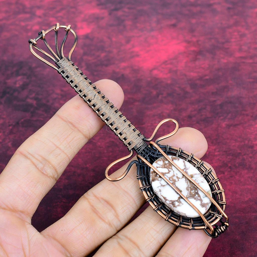 Wild Horse Magnesite Natural Gemstone Pendant Guitar Copper Wire Wrapped Pendant