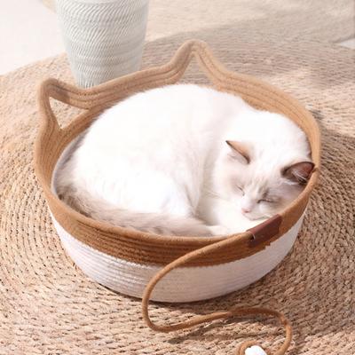 Handwoven Rope Cat Basket Cat Bed Basket with Rope Knot Ball Cat Ear Design Foldable Cat Bed for Indoor Cats Lounging Sleeping Entertainment