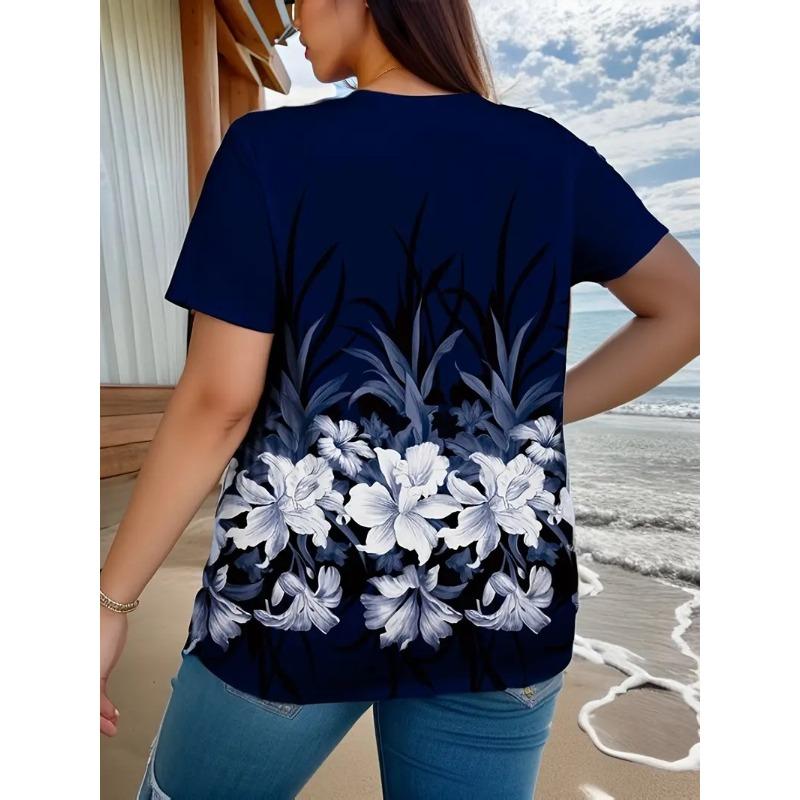 Summer Round Neck 3D Print Flower Pattern Top Fashionable Casual Short Sleeved Women's T-shirts