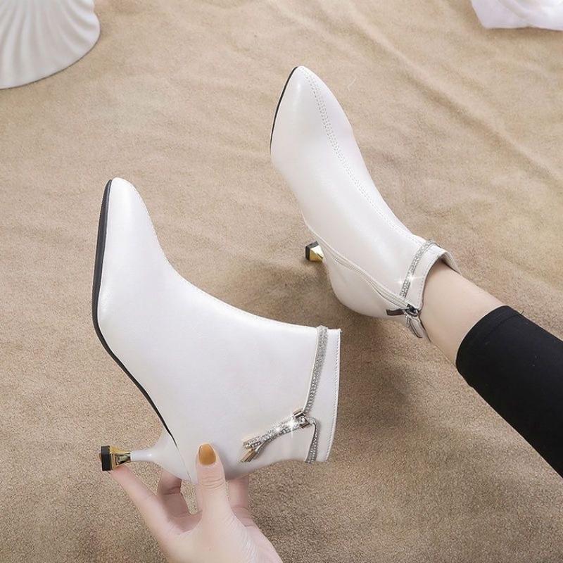 Versatile rhinestone thin heel short boots women's autumn and winter leather bare boots new fashion pointed women's velvet Martin boots