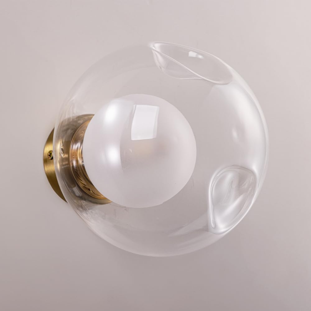 Chende Wall Lamp, Nordic Round, Clear and Milky White Glass, Two-Layer Design, Stylish, LED Compatible, Single Brass Globe, Wall-Mounted Lighting for