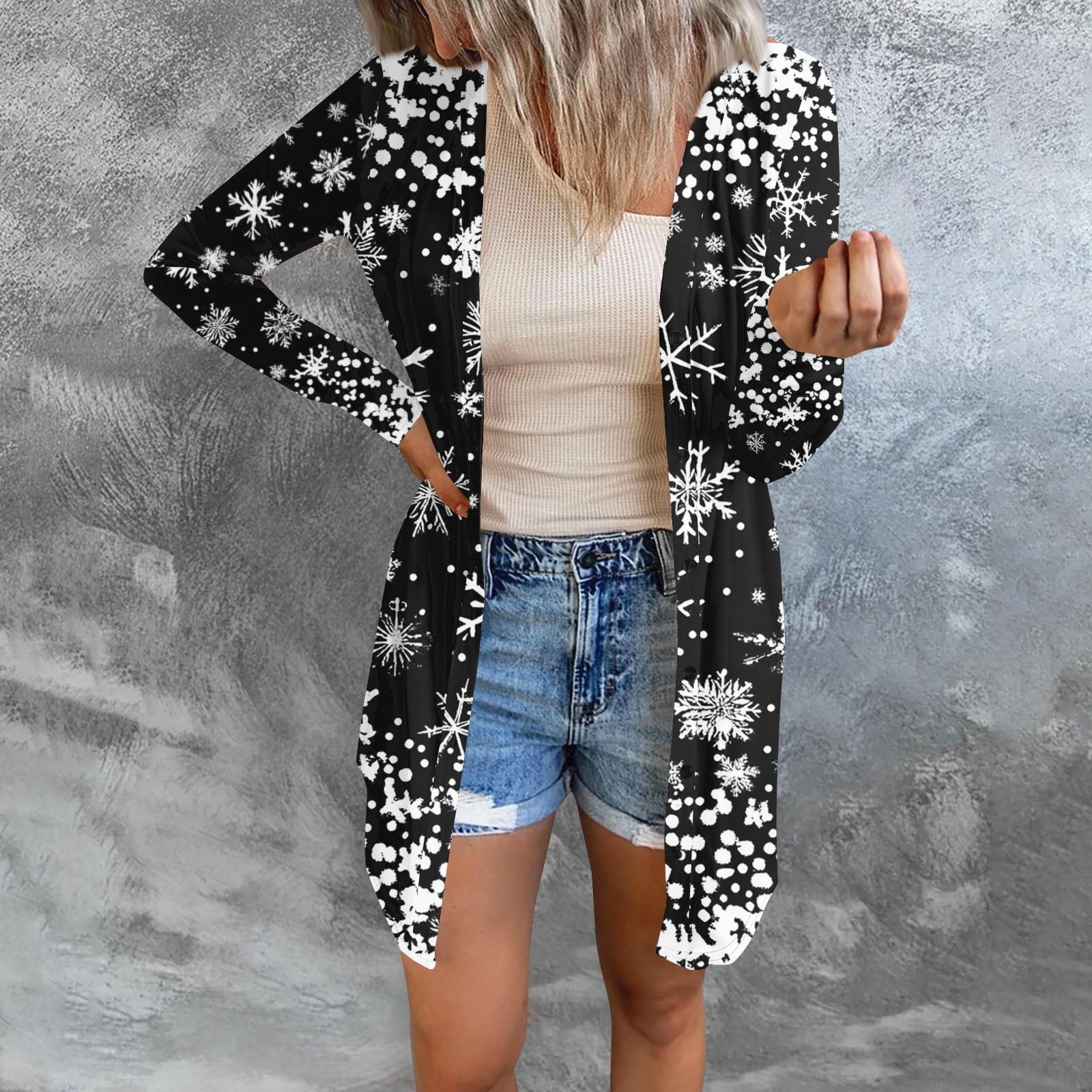 

Длинный рукав Женский ретро принтованный топ Легкий базовый свободный жакет Кардиган Повседневные рубашки Рождество XXL чёрный