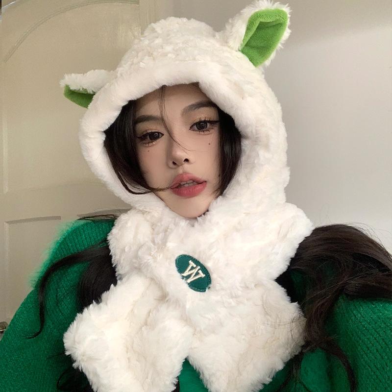 Lei Feng Hat Cold Proof and Warm Plush Bear Hat  Scarf One Piece Hat  Winter Scarf Two Piece Set Cycling One Piece Hat