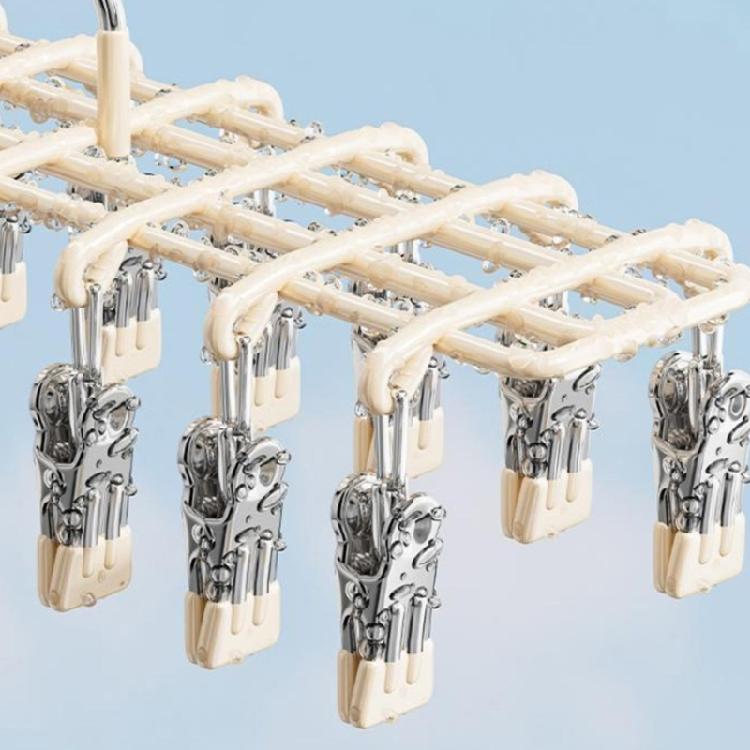 Balcony Laundry Hanger With 20 Clip Frame and Hanging Hook, Plastic Coated Drying Rack for Small Garments and Towels