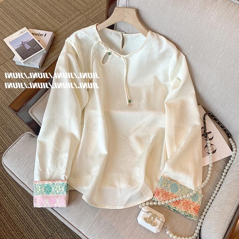 

Women s Retro Chinese Style Hollow Splice Blouse M бежевый