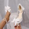 New High Heel Girl Wedding Shoes Summer New Bow Pearl Chain Bridesmaid with Skirt French Pointed Toe Single Shoes