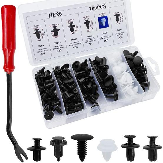 YoRise 100PCS Car Bumper Clips, Plastic 6 Sizes Car Fenders Retainer Clips, Push Pin Panel Rivets Kit with Storage Box, Universal Auto Body Trim
