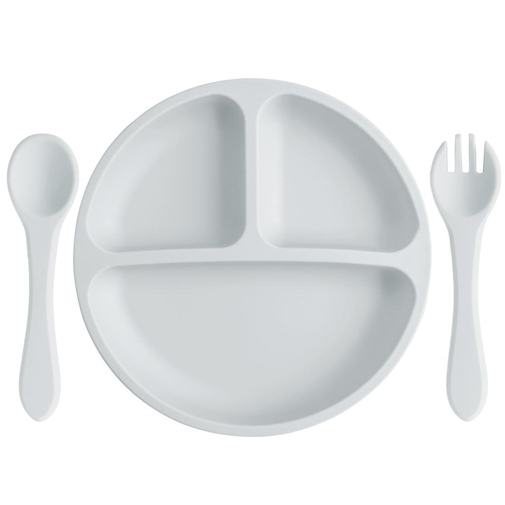 Color Kids 3PCS Silicone Baby Feeding Set Suction Plate Wooden Spoon Fork BPA Free Training Tableware Dish Bowl Gift Set
