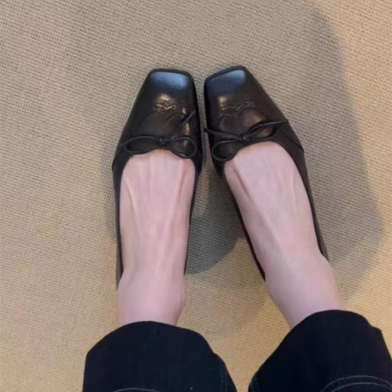 New Retro Bowknot Patent Leather Oxfords Women's Ballet Shoes Autumn Slip on Flat Casual Shoes Thick Heels Wine Red Loafer Pumps