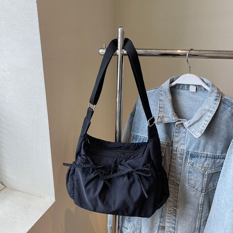Solid Color Ruched Design Ladies Nyl Cloth Shoulder Bags Large Capacity Female Crossbody Bag Sweet Bow Strap Women's Handbags