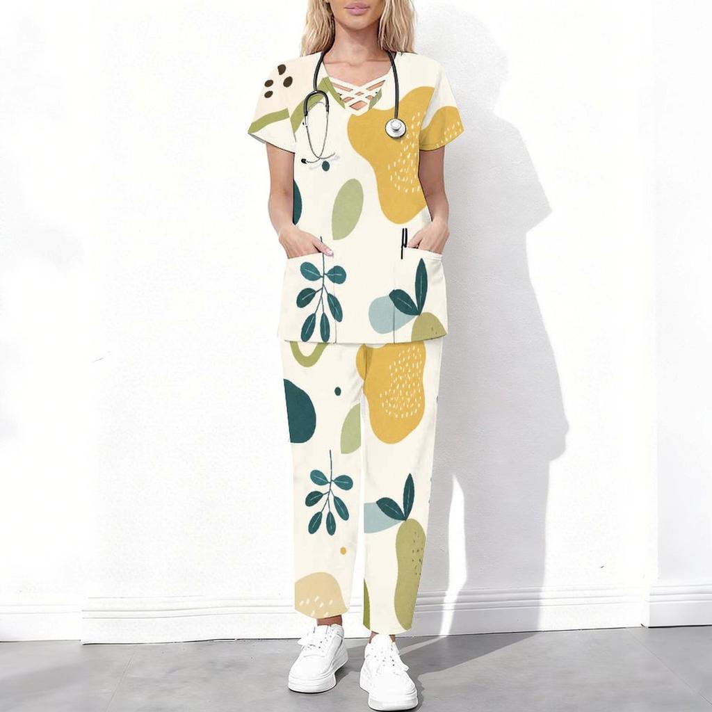 Women Plus Size Printed Scrub Set Crisscross Cutout Neck Short Sleeve Pockets Top Long Pants