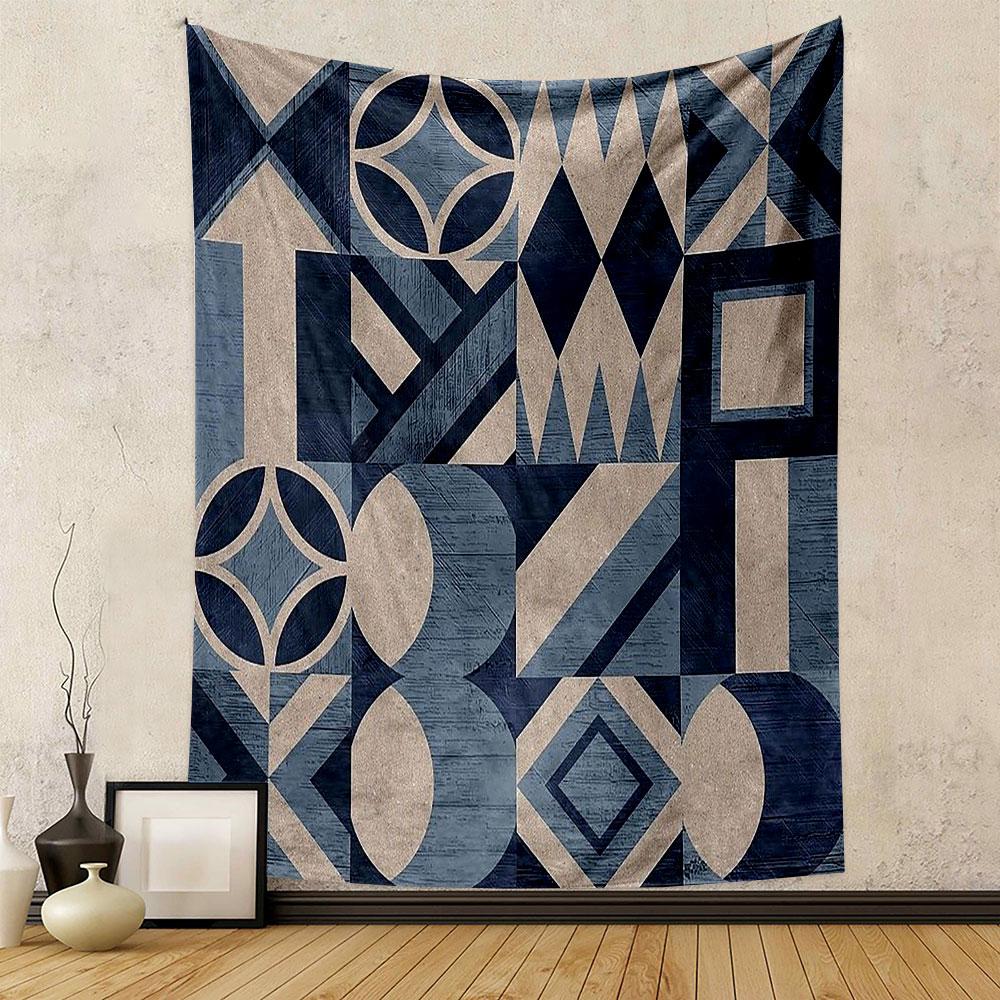 Geometric Blue and Beige Patterns Patterned Tapestry Home Decor, Suitable for Bedroom and Living Room, Gift