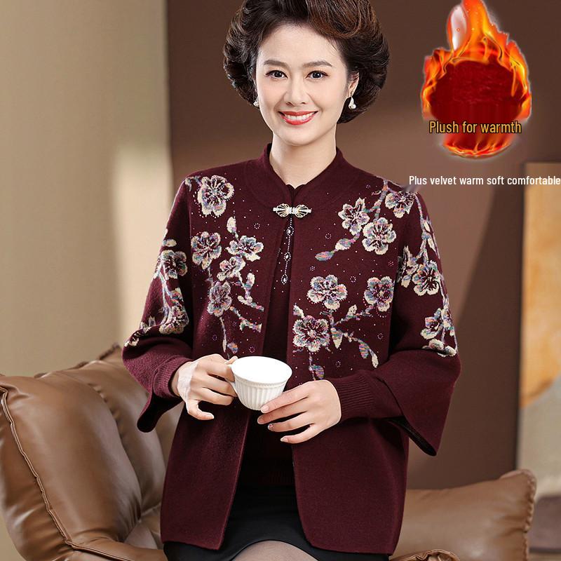 Mother-in-law Style Autumn Knit Cardigan Set for Middle-aged and Elderly Women
