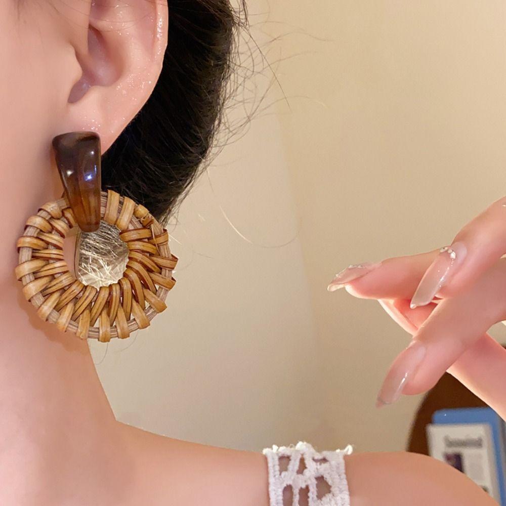 Beach Jewelry Bohemian Drop Earrings Round Geometric Earrings Rattan Weave Earrings  Women