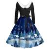 Women's Fashion V-Neck Casual Slim Christmas Printed Long Sleeve Hair Collar Dresses