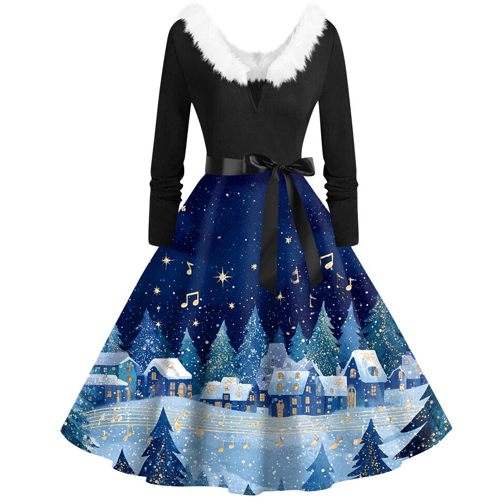 Women's Fashion V-Neck Casual Slim Christmas Printed Long Sleeve Hair Collar Dresses