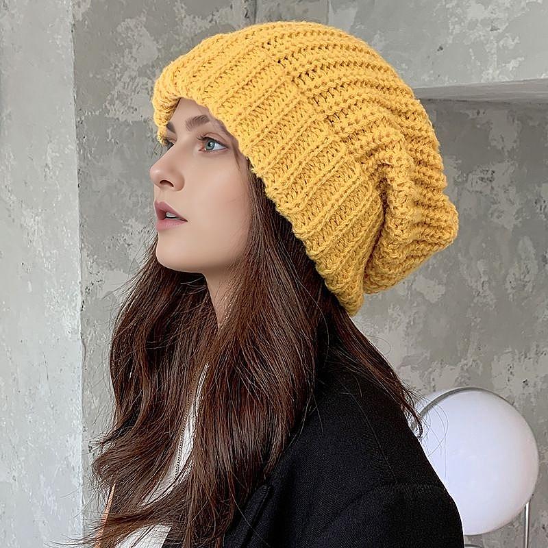 Women's Large Head Circumference Knitted Wool Hat - Versatile, Warm, Slouchy, Solid Color Korean Style for Autumn and Winter