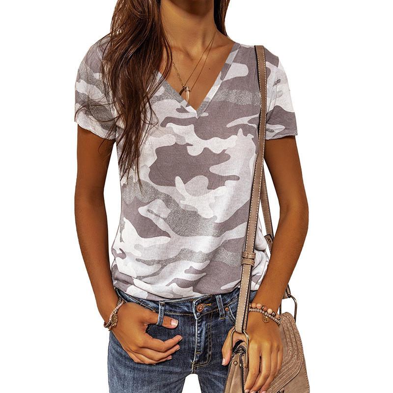 Women Short Sleeve T-Shirts Camo Print V-Neck Tops Summer Sports Loose Tee Female Street Green T-Shirt