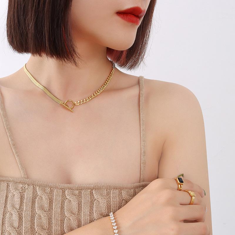 European-American Light Luxury OT Buckle Zirconia Patchwork Necklace - 18k Gold-Plated Titanium Steel Clavicle Chain, Colorfast