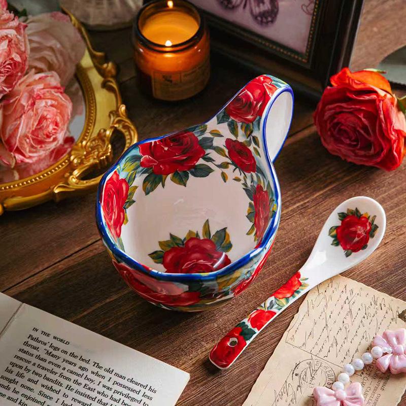Rose-Design Curved Handle Ceramic Cup & Spoon Set - 2 Piece Underglaze Polish for Coffee & Soy Milk